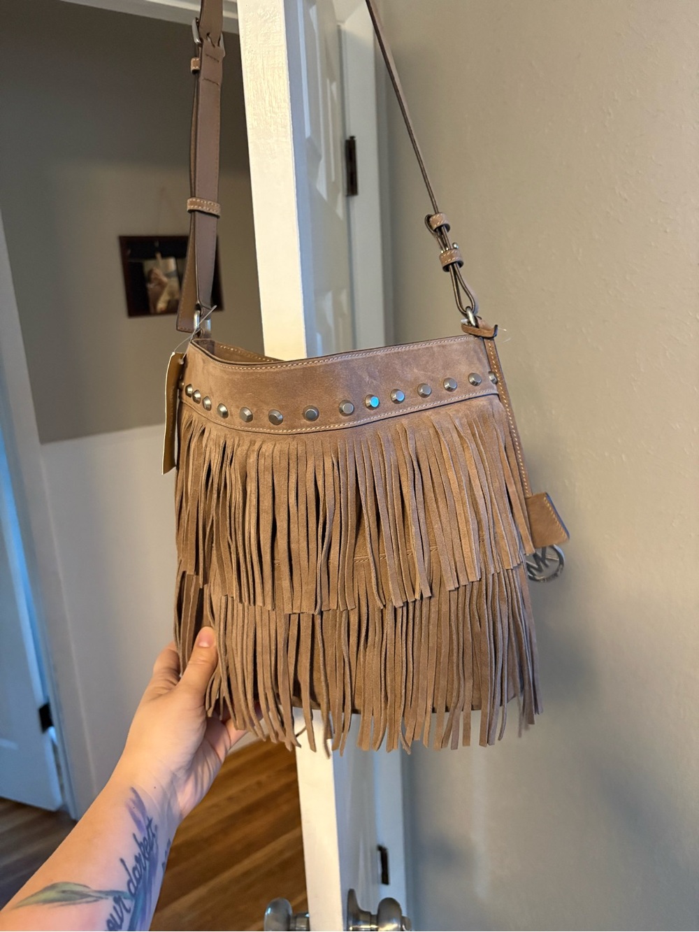Michael Kors Taupe Fringe Suede Crossbody with Stud Trim